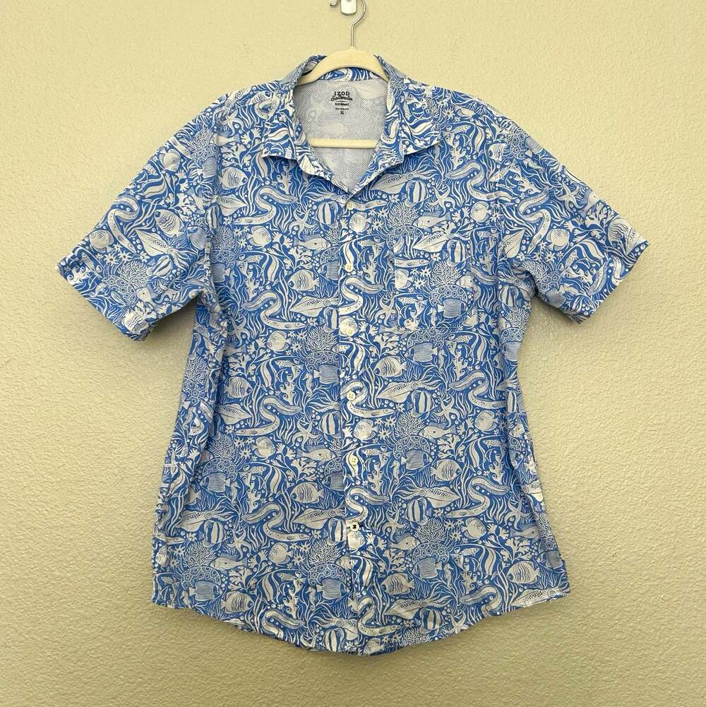 IZOD Saltwater Men's XL Blue/White Graphic Print Short Sleeve Collared Button-Up